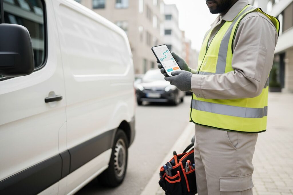 Technicien utilisant une application de gestion d intervention sur mobile
